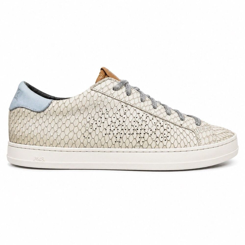P448 Womens Size 40 Snakeskin Leather Sneakers Ivory Blue Low Top Designer Shoes
